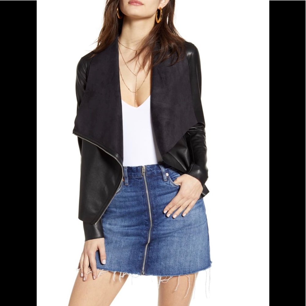 On To The Next faux leather drape front jacket